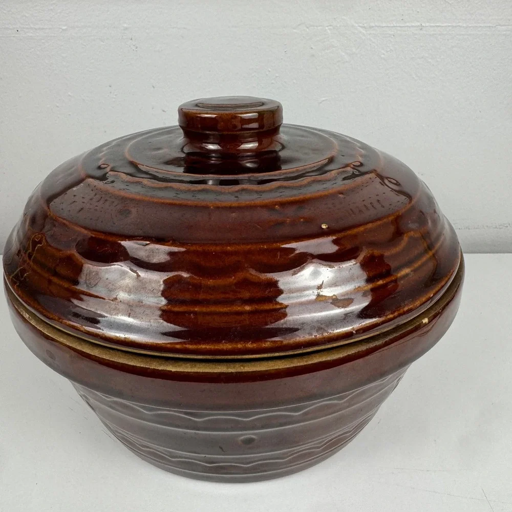 Vtg Mar-Crest Daisy Dot Brown Drip Glaze Covered Stoneware‎ Casserole Dish
